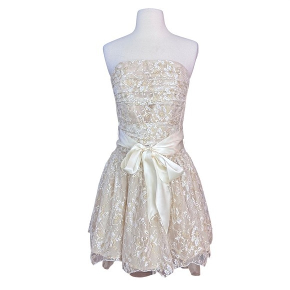 Y2k Fairy Jessica McClintock Ivory Gold Lace Dress Size‎ 9 Strapless Short Dress